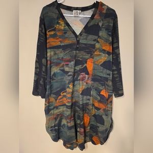 Parsley & Sage Green Orange Camo Tunic Medium Made In India with pockets